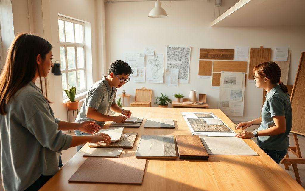 Amber Loft Studio designers reviewing material samples at a worktable