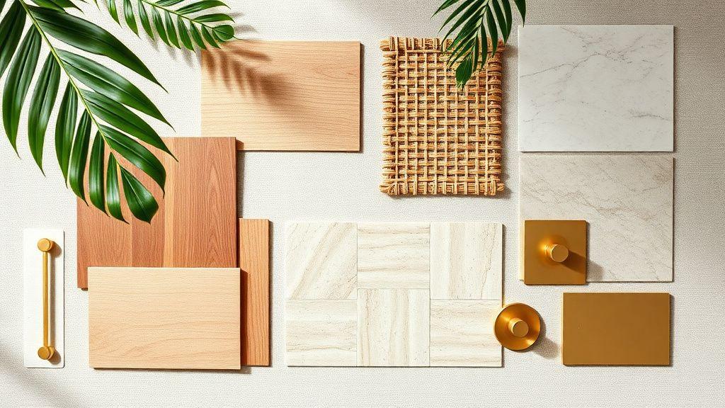 Timber, rattan and stone material samples arranged on a table